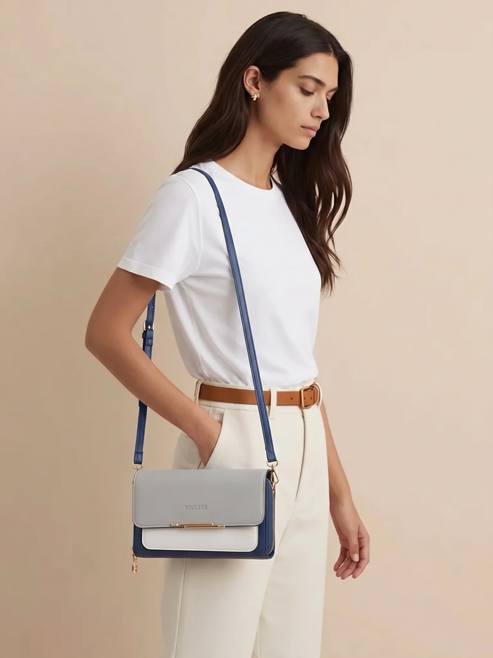 Two-Tone Blue and Light Gray Crossbody Bag with Gold Accent